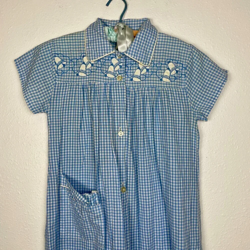 Vintage Kids Kickaway Blue Gingham Pajama Night Dress Size: 12